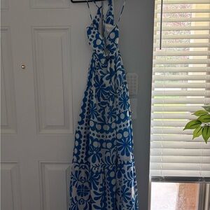 Elegant Blue and White Backless Dress